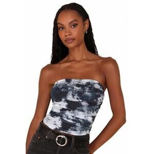Lulus Flirty Focus Dark Blue Abstract Print Mesh Strapless Crop Top - XL
